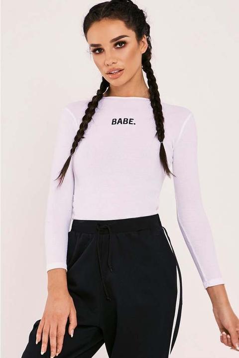 Sarah Ashcroft Babe Slogan White Ribbed Bodysuit