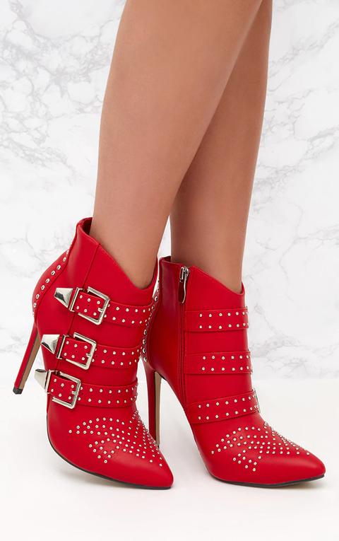 Red Studded Buckle Ankle Boots, Red