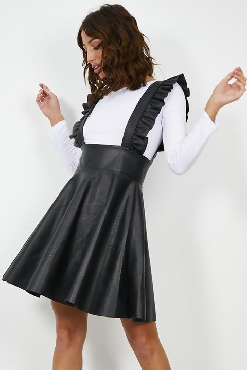 Black Faux Leather Frill Detail Pinafore Dress