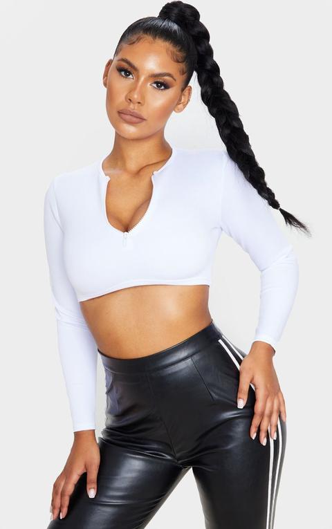 White Bonded Scuba Zip Long Sleeve Crop Top
