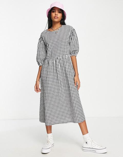 Monki Seersucker Smock Dress In Black And White Gingham