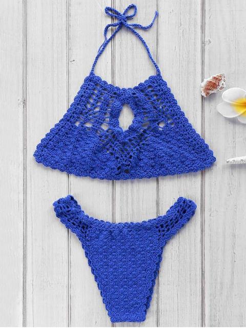 Azul De Cuello Alto De Ganchillo Set Bikini