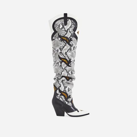 Molly Embroidered Western Thigh High Long Boot In Nude Snake Print Faux Leather, Nude