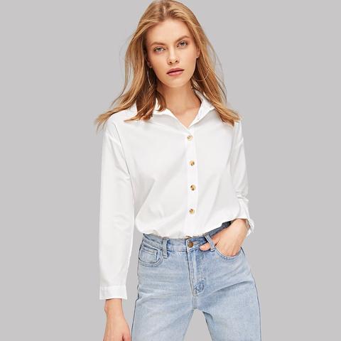 Solid Button Up Curved Hem Shirt