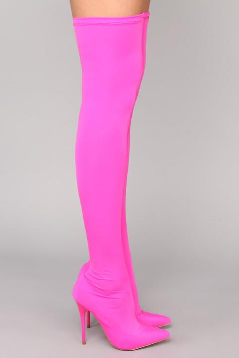 neon pink thigh high boots
