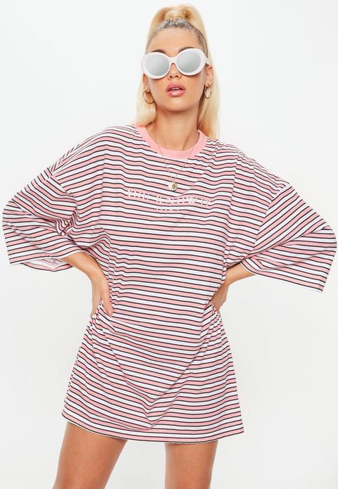 Pink Oversized You Know It Girl Slogan Striped T-shirt Dress, Pink