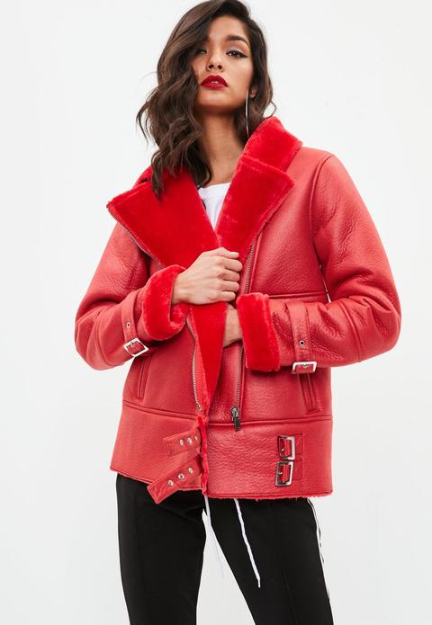 Red Buckle Detail Faux Fur Aviator Jacket, Red