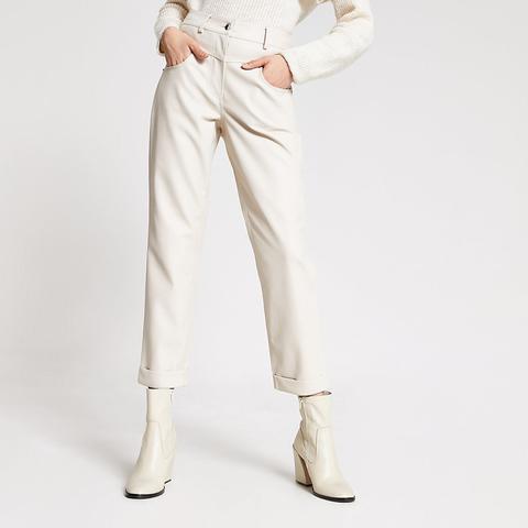 Cream Faux Leather Mom Trousers