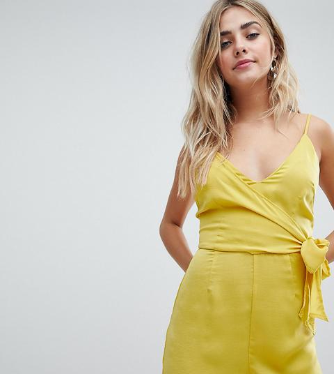 Missguided - Tuta Corta In Raso Con Allacciatura Laterale - Giallo