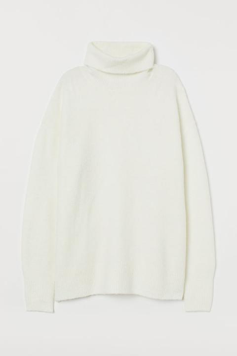 Fine-knit Polo-neck Jumper - White