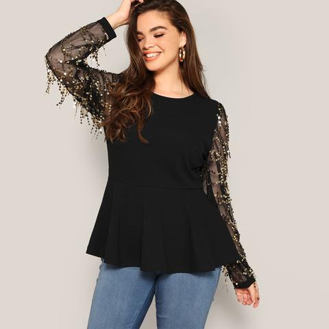 Top Peplum De Manga Con Malla Y Fleco Con Lentejuelas-grande