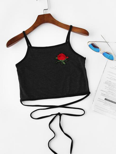 Rose Patch Striped Self Tie Cami Top