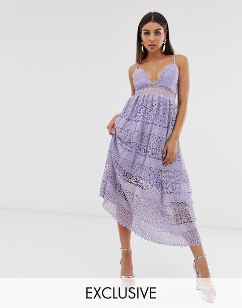 Vestido Midi De Tirantes De Encaje Con Volantes En Lila De Missguided-violeta