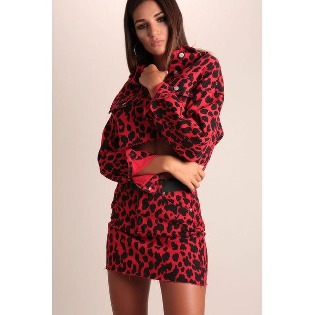 red leopard print denim skirt