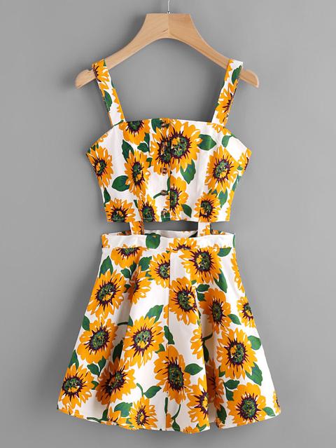 Stampa Di Girasole Random Single Breasted Cut Out Dress