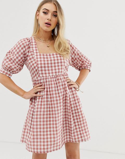 Asos Design Mini Smock Dress In Gingham - Multi