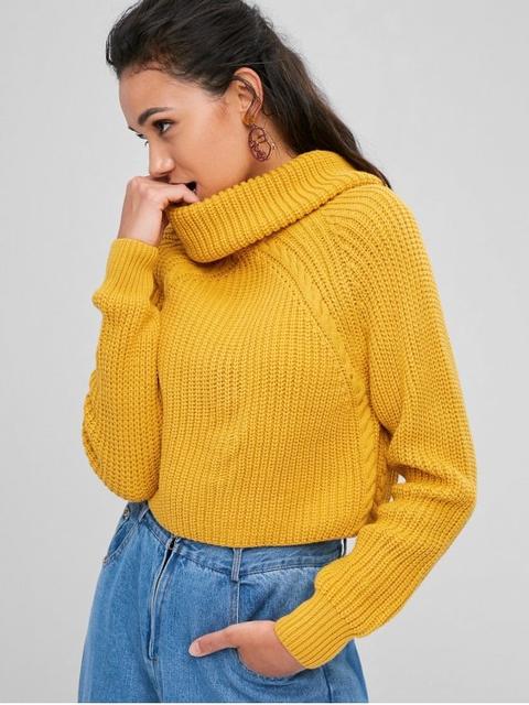 Zaful Cable Knit Turtleneck Cropped Sweater Golden Brown Medium Purple White