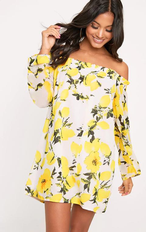 Sabree Yellow Lemon Printed Bardot Shift Dress, Yellow