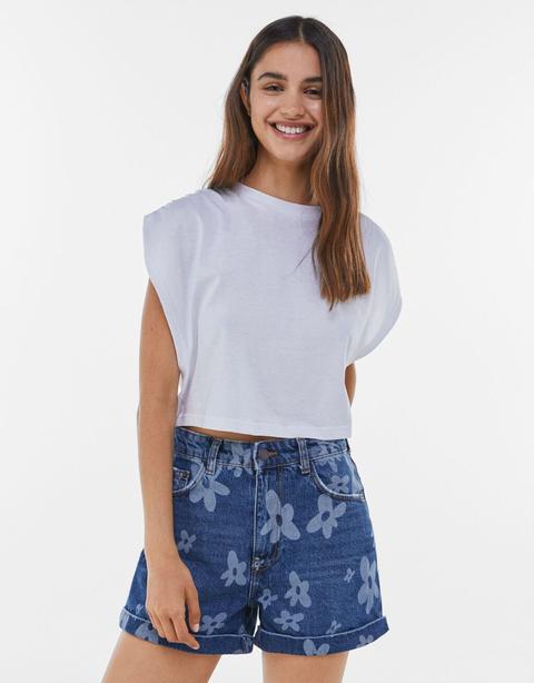 Short Denim Laser Print Flores