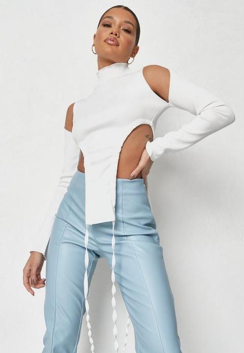 White Rib Cold Shoulder Cut Out Crop Top, White