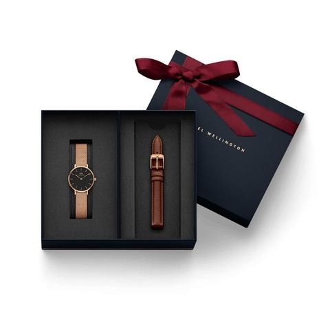 Bundle Classic Petite Melrose 28 (black) + Strap Classic Petite St Mawes 12 Rose Gold