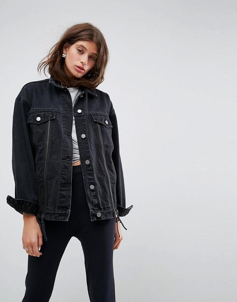 Asos - Giacca Di Jeans Nero Slavato Con Zip - Nero