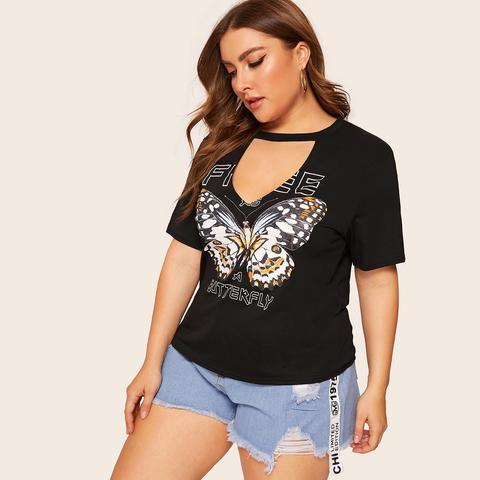 Camiseta Con Estampado De Mariposa Y Letra-grande