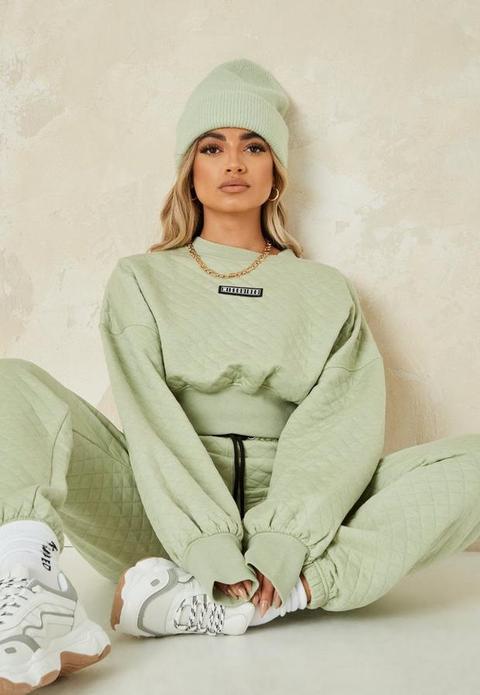 Sage Quilted Missguided Crop Sweater, Green