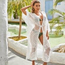 Kimono De Malla Transparente Con Bordado