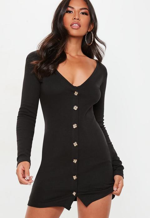 Black Horn Button Ribbed Dress, Black