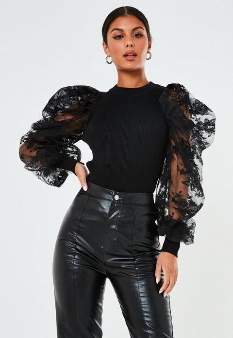 Black Floral Mesh Balloon Sleeve Knitted Top, Black