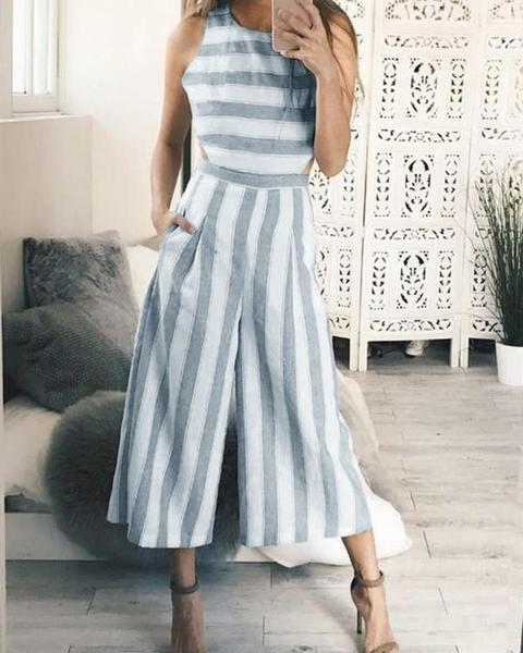 Striped Cutout Waist Wide Leg Jumpsuit