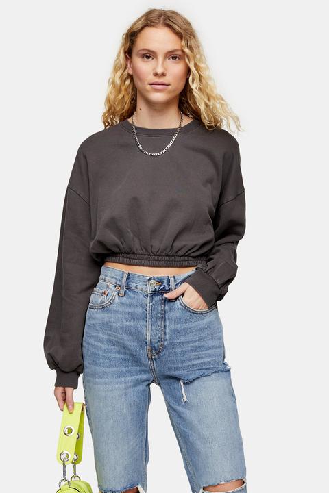 Womens Charcoal Grey Elastic Crop Sweatshirt - Charcoal, Charcoal