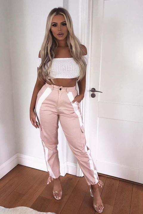 Trousers - Pia Mia Nude Combat White Stripe Trousers