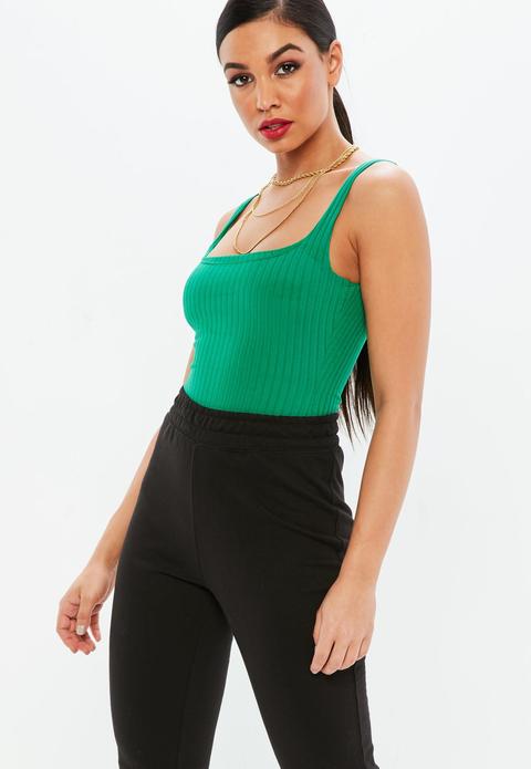 Green Scoop Neck Rib Bodysuit, Green