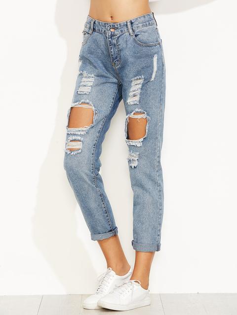 Jeans Con Risvolto Strappati Blu