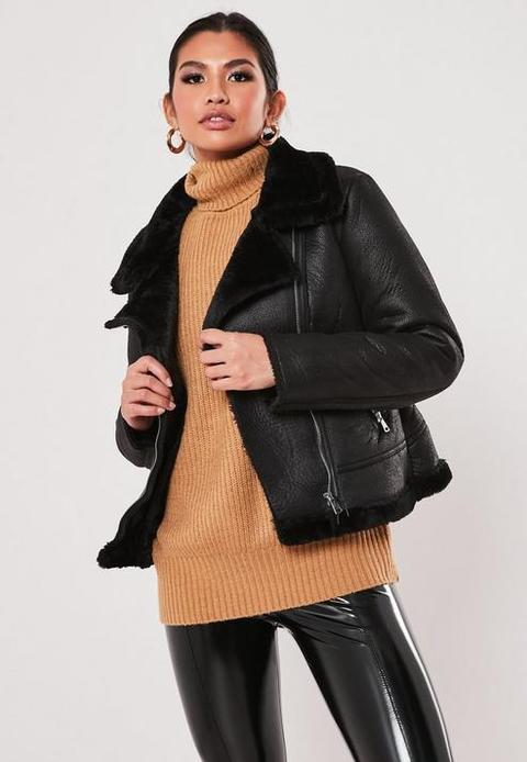 Black Faux Fur Aviator Jacket, Black