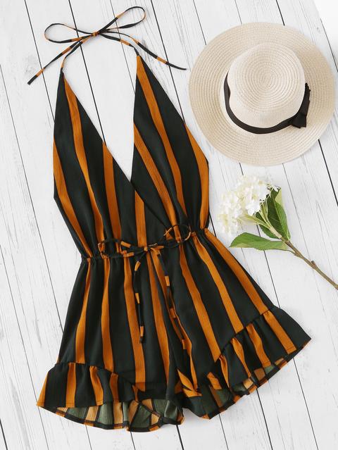 Plunging V-neckline Striped Surplice Frill Romper