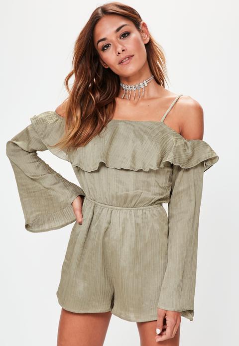 Green Bell Sleeve Cold Shoulder Crinkle Playsuit