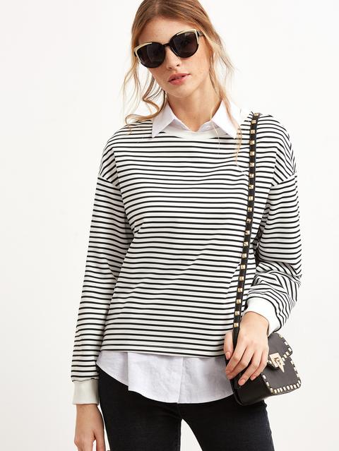 Sudadera A Rayas Con Hombro Caído － Negro Y Blanco
