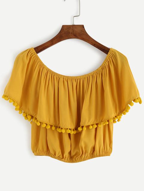 Yellow Pom Pom Trim Ruffle Off The Shoulder Top