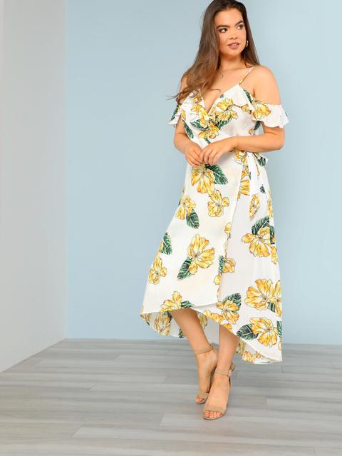 Floral Print Ruffle Cold Shoulder Surplice Wrap Dress