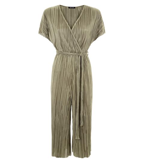 Khaki Plisse Wrap Front Culotte Jumpsuit