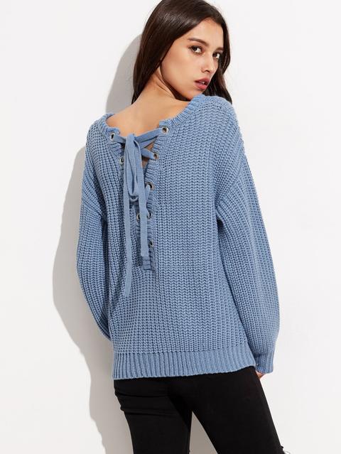 Blue Drop Shoulder Eyelet Lace Up Back Chunky Knit Sweater