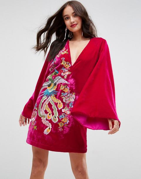 Asos - Vestitino Stile Kimono In Velluto Ricamato - Rosa