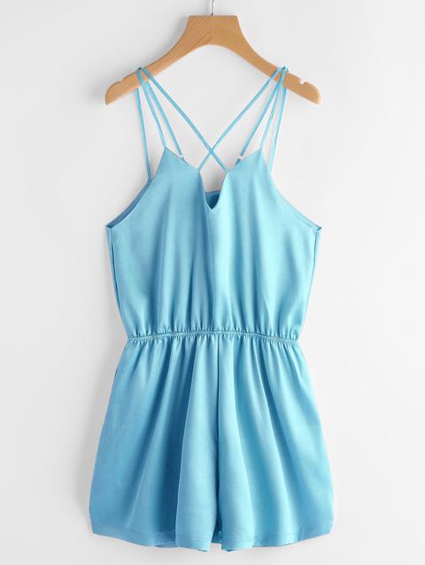 Criss Cross Elastic Waist Satin Cami Romper