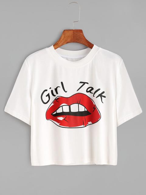 Camiseta Corta Con Estampado De Labio Rojo - Blanco