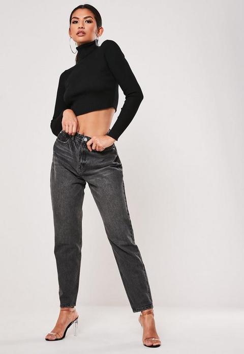 Petite Black High Waisted Mom Jeans, Black