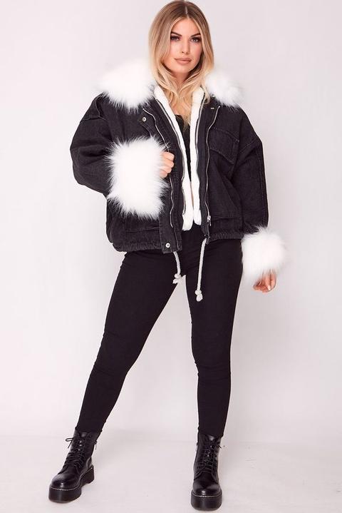 White Faux Fur Oversized Black Denim Jacket From Katchme On 21 Ons White Faux Fur Oversized Black Denim