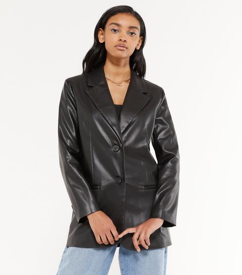 Cameo Rose Black Leather-look Blazer New Look